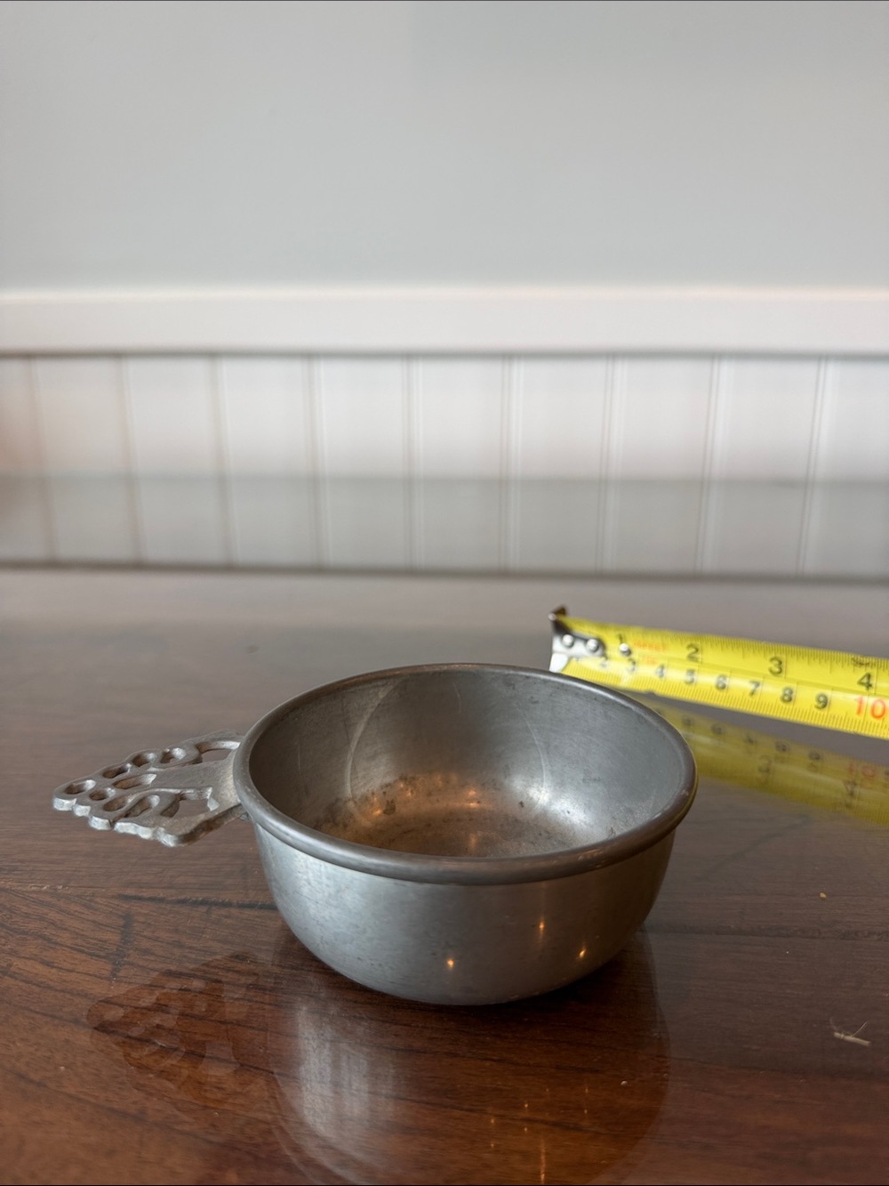 Vintage Pewter Measuring Cup with Ornate Handle - Silver